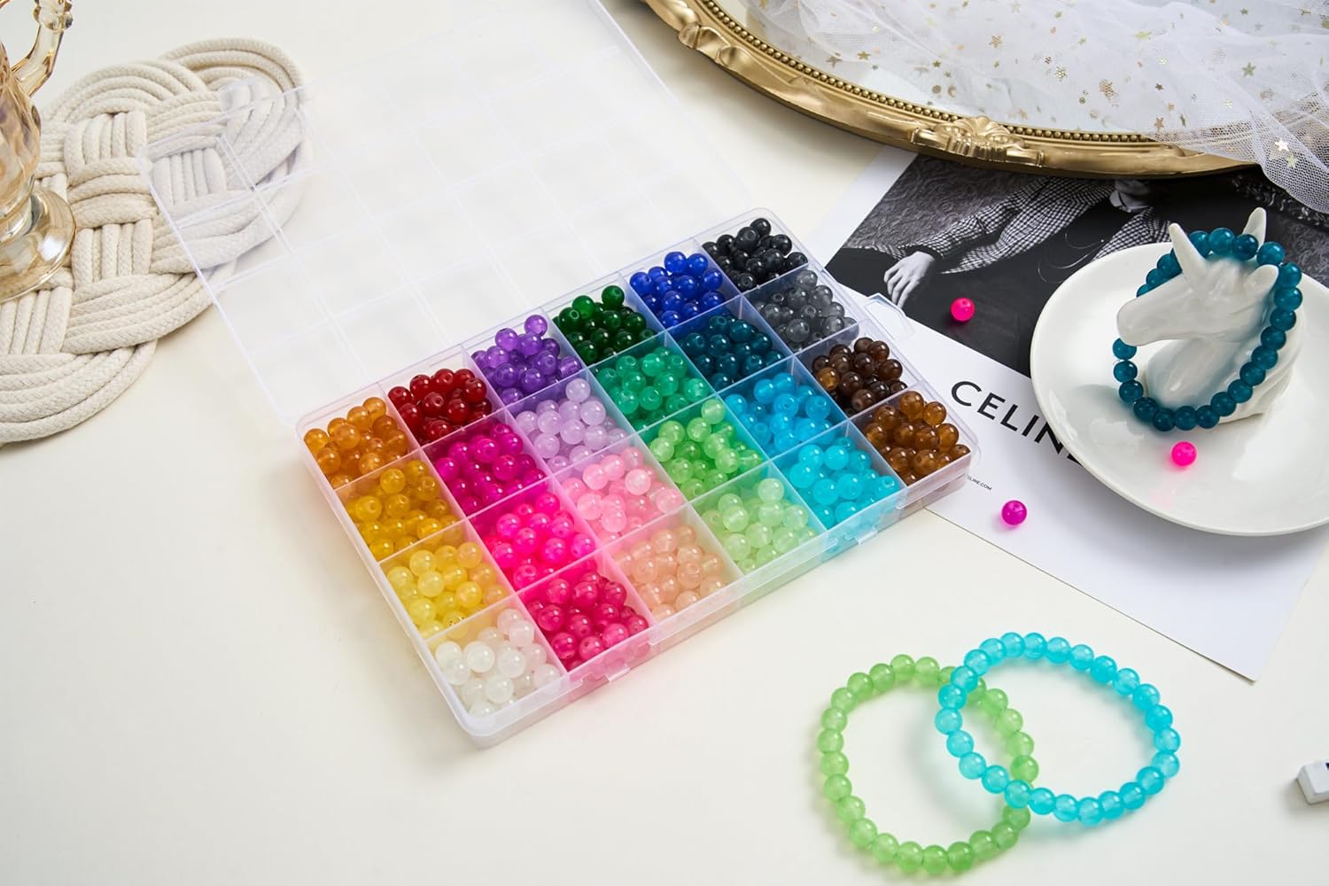 【2 Pack】 More Than 1300PCS Round Glass Beads for Jewelry Making,48 Colors 8mm Crystal Beads for Bracelets Jewelry Making and DIY Crafts, 2 Box Round Beads Suitable for Beginners. (Solid+Printing) - Image 4