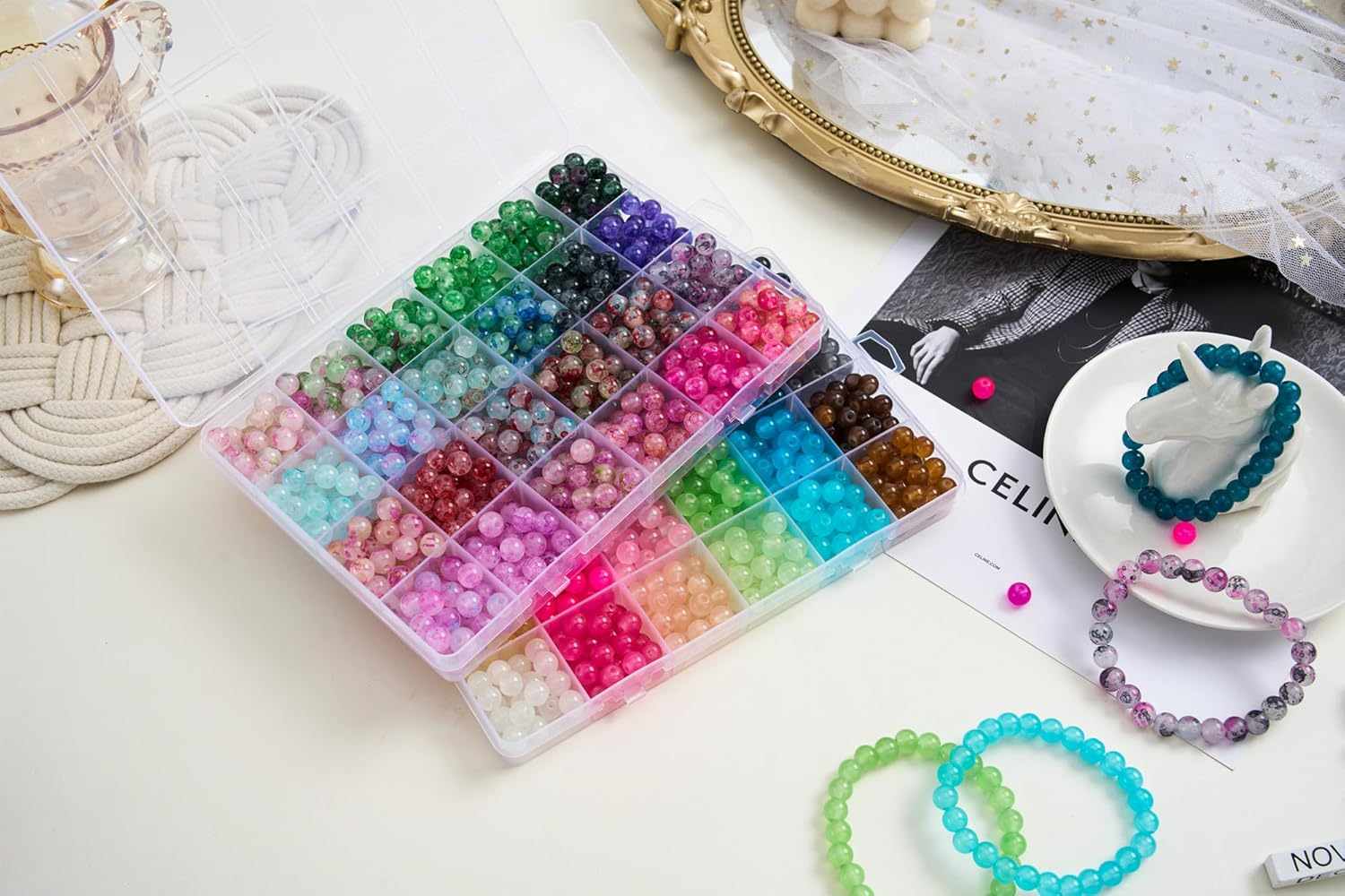 【2 Pack】 More Than 1300PCS Round Glass Beads for Jewelry Making,48 Colors 8mm Crystal Beads for Bracelets Jewelry Making and DIY Crafts, 2 Box Round Beads Suitable for Beginners. (Solid+Printing) - Image 5