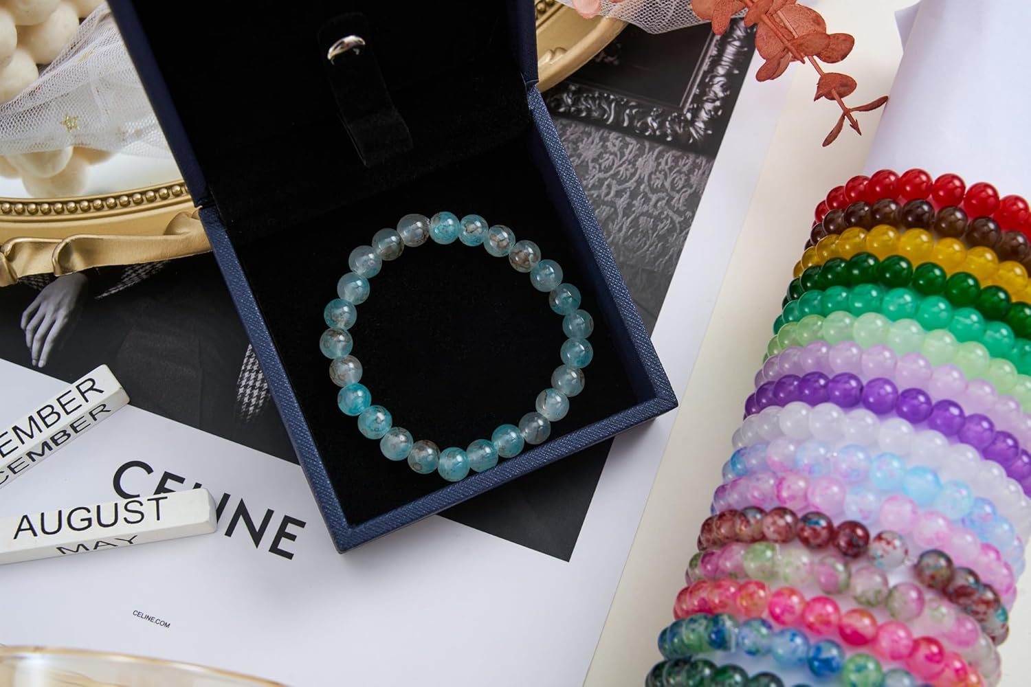 【2 Pack】 More Than 1300PCS Round Glass Beads for Jewelry Making,48 Colors 8mm Crystal Beads for Bracelets Jewelry Making and DIY Crafts, 2 Box Round Beads Suitable for Beginners. (Solid+Printing) - Image 7