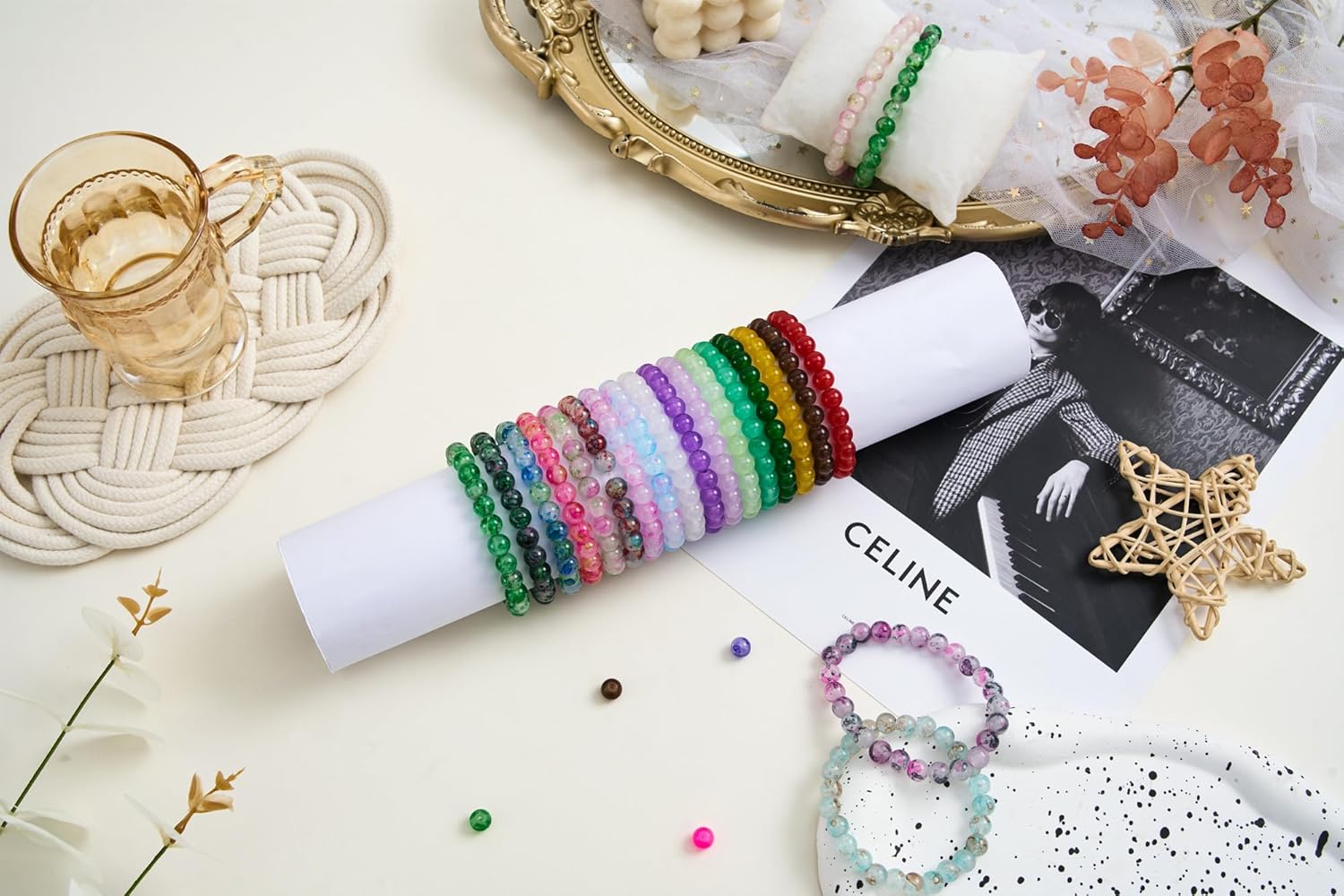 【2 Pack】 More Than 1300PCS Round Glass Beads for Jewelry Making,48 Colors 8mm Crystal Beads for Bracelets Jewelry Making and DIY Crafts, 2 Box Round Beads Suitable for Beginners. (Solid+Printing) - Image 8